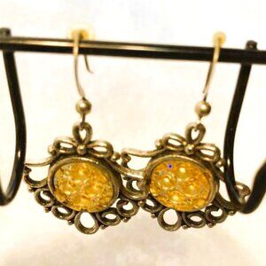 VINTAGE GOLD TONE FISH SCALE & SPARKLE HANGER EARRINGS